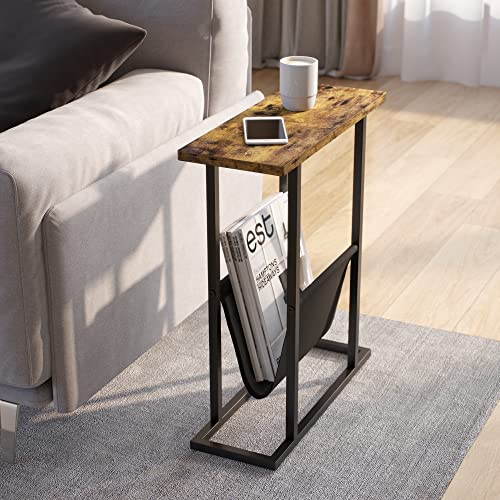 Yusong Small Narrow Side Table For Small Spaces, Slim End Table Magazine Table Nighstand With Storage Holder, Accent Skinny Snack Couch Bedside Table, Rustic Brown #TOP1