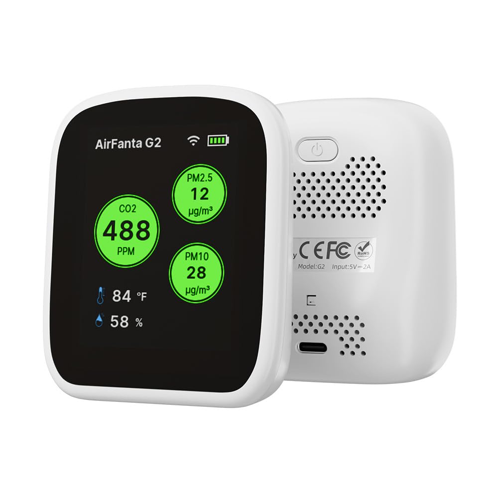AirFanta G2 Air Quality Monitor: Wireless Indoor Air Quality Monitor for Office or School (PM, CO2, Temperature, Humidity) Portable, Battery Powered, TFT Screen, App for Configuration & Data History