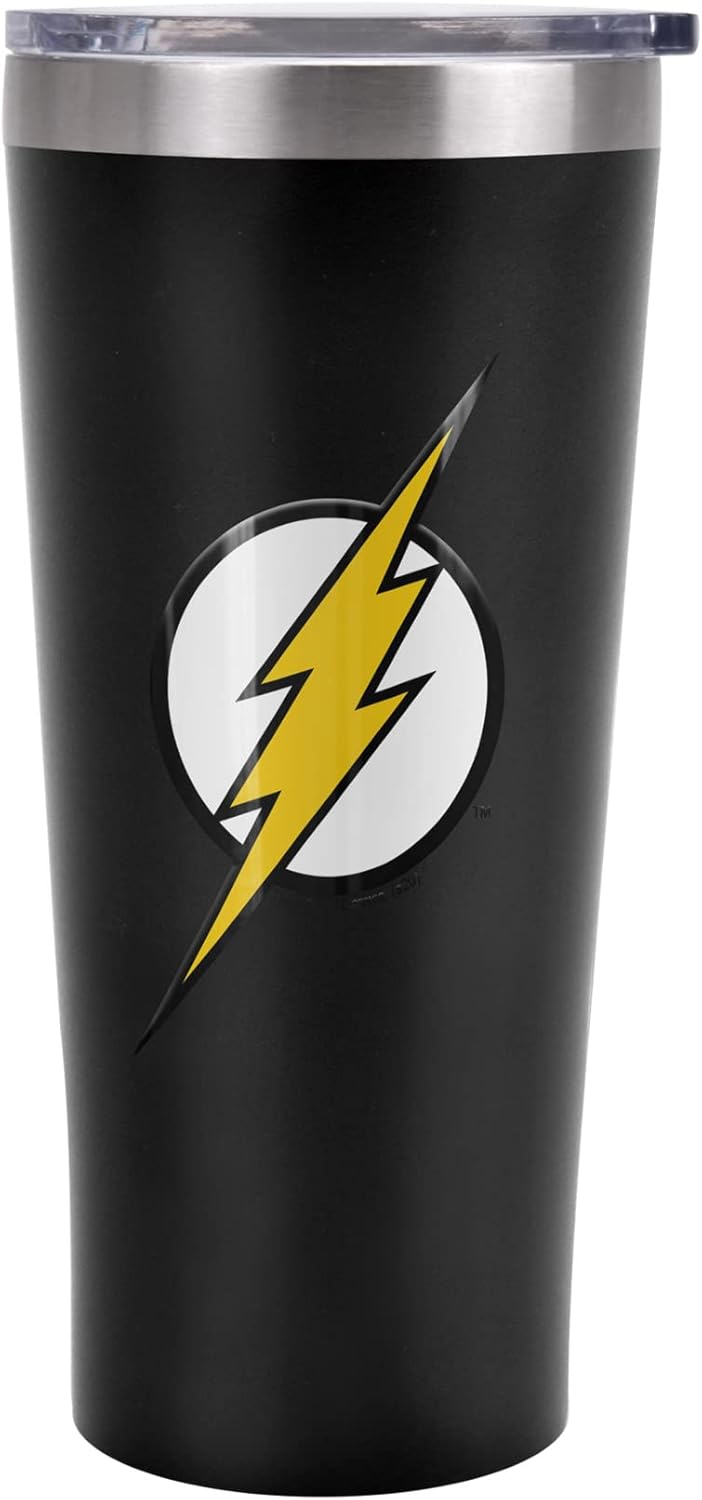JLA OFFICIAL Flash Logo 20 oz Travel Tumbler, Stainless Steel, Vacuum Insulated with Leak Resistant Slide-Lock Lid