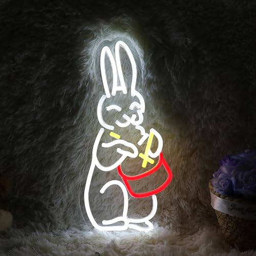 Image of Rabbit Play Drum Music Neon Sign Bunny LED Neon Light Up Sign for Music Room Wall Decor Window Lights Holiday Gift 7.8 inchx15.6 inch