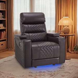 Mcombo power recliner chair with adjustable headrest home theater seating with usb type c port armrest storage led light hts432set dark brown single recliner  urban country home decor