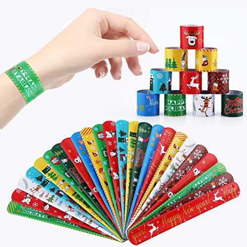 Fnayol 48Pcs Christmas Party Favors Slap Bracelets Rubber Wristbands for Kids Girls Boys，Christmas Stocking Stuffers Gifts with Santa hats Snowmen Elk Xmas Socks - image 5
