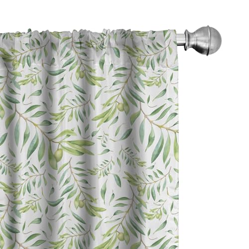 Ambesonne Green Leaf Curtains, Watercolor Style Olive Branch Mediterranean Tree Exotic Illustration Print, Window Treatments 2 Panel Set for Living Room Bedroom, Pair of - 28