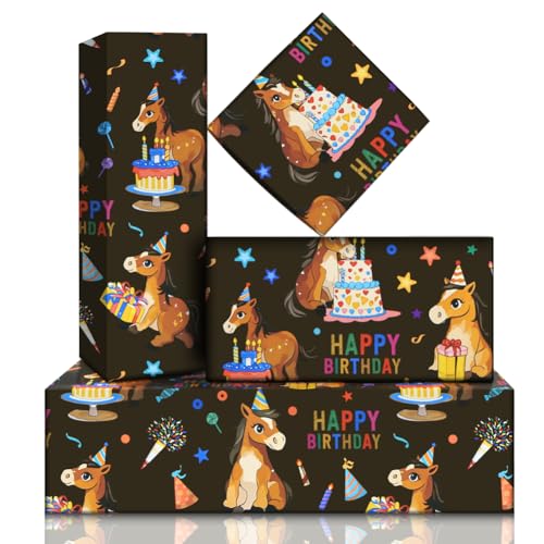 Papier cadeau cheval pour fête d'enfants : lot de 6 grandes feuilles pour un anniversaire réussi