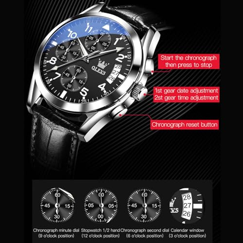 OLEVS Watches Men Black Leather Chronograph Watches for Men Big Face Mens Watches Classy Waterproof Easy Adjustable Quartz Dress Wrist Watch Relojes para Hombres — view 5