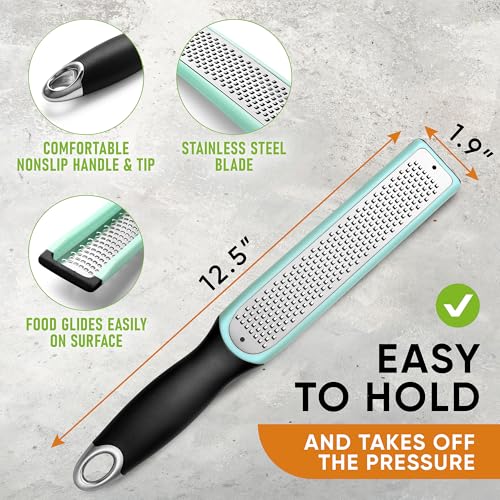 Image of Spring Chef Premium Lemon Zester Grater with Handle - Fruit, Lime, Orange, Nutmeg, Garlic Grater - Heavy Duty Kitchen Tool - Stainless Steel Citrus Zester with Blade Cover - Fine Shred - Mint /Black