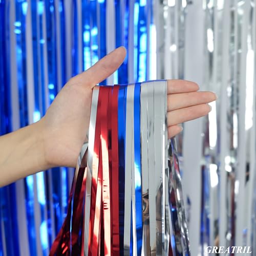 Image of Blue Silver Red Party Streamers - GREATRIL Patriotic Tinsel Foil Fringe Backdrop Decorations for 4th of July Decorations /Independence Day /Memorial Day Party Supplies 3.2ft x 8.2ft 2 PCS