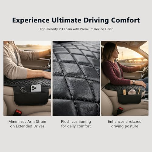 Image of ZIQO Car Armrest Pad | Universal Fit SUV MPV | PU Leather Center Console Cover | Foam Cushion Elbow Support | Dual Side Pockets | Waterproof | Non-Slip | Black