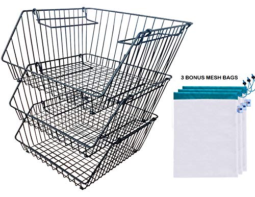 LuxUnik Wire Baskets For Storage, Stackable Bins, Fruit Basket, 3 Tier Basket Stand