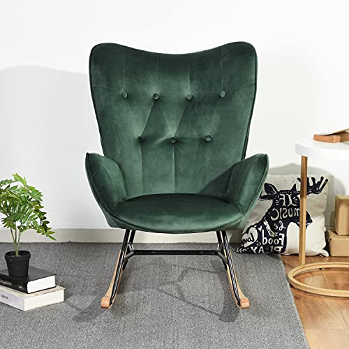 Furniturer Rocking Wooden And Metal Rocker Glider, Scandinavian Fabric Armchair Comfy Side Living Room Bedroom Studio Leisure Office Accent Chair, Green #TOP5