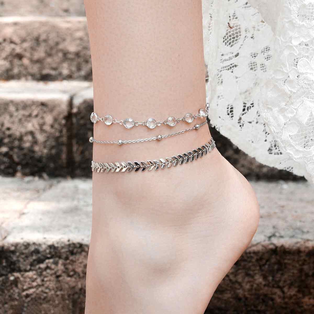 VGWON Cavigliera da Donna in Argento in Acciaio Inossidabile, Cavigliera Placcata in Oro 14K, Set di Cavigliere con Zirconi al Quarzo da Tennis con Perline D'Argento