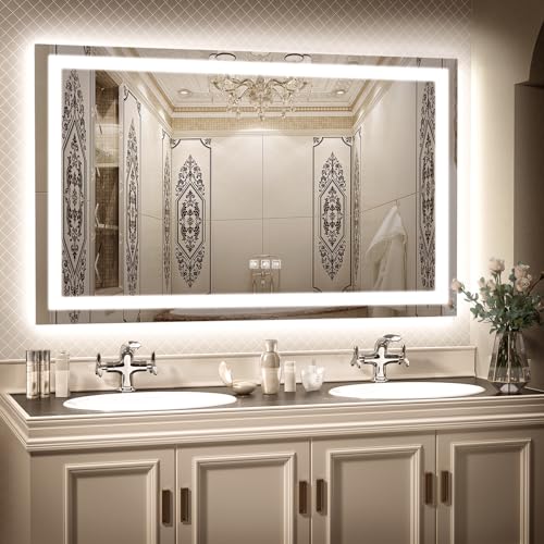 SHUAFA LED Mirror for Bathroom, 60x36 Inch Backlit + Front Lighted Bathroom Mirror with Lights, High-Density Double Light Strips, 3 Colors, Shatter-Pr