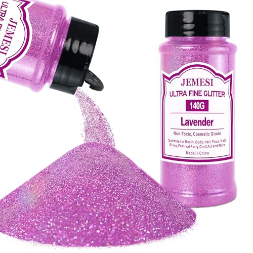 JEMESI Polvo de purpurina de lavanda, 140 g – 0,2 mm, ultrafina, purpurina para resina epoxi, manualidades, pintura en jarra, fabricación de velas; purpurina cosmética, polvo de uñas, pelo brillante