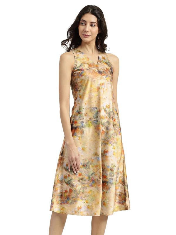 Image of FableStreet Women Party Dress | Elegant A-Line Fit Midi Length V-Neck Sleeveless | Lustrous Satin Fabric for Evening Gatherings & Celebrations