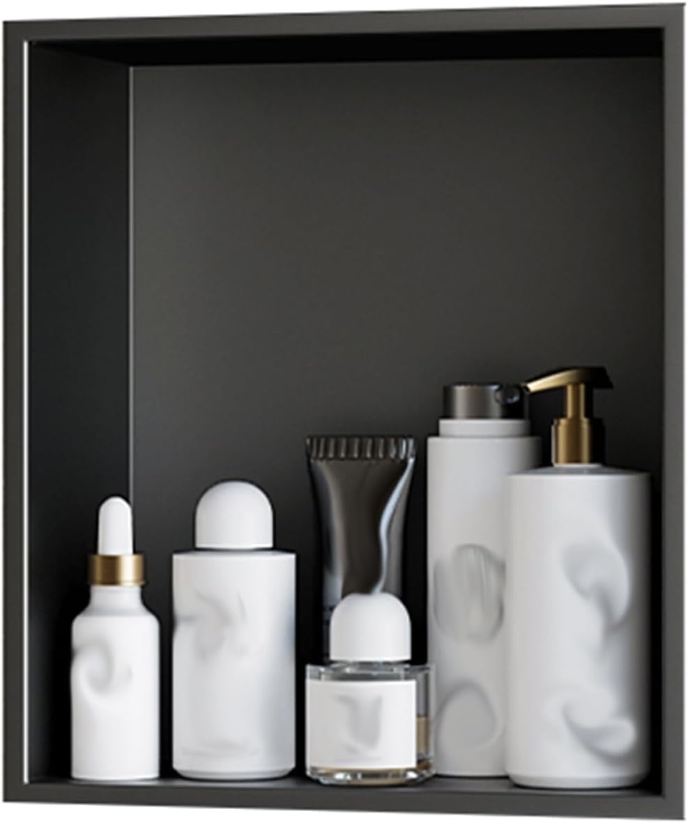 MYUYEE Stainless Steel Niche,No Tiles Required Niches With Shelves Bathroom Storage Niches Recessed Shower Shelf (Black 32X32Cm)
