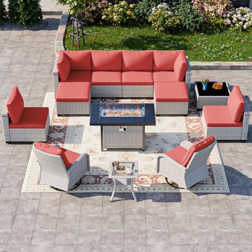 Image of Outdoor PE Wicker Rattan Modular Patio Sectional Sofa Set | 13-Piece: 6 Modular Seats, Coffee Table, 2 Swivel Rocking Chairs, Side Table, 2 Ottomans & 55,000 BTU Fire Pit Table, Red