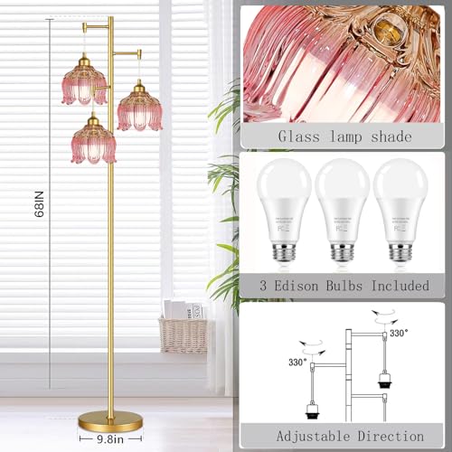 Image of QIYIZM Pink Floor Lamp for Living Room,Bedroom,Gold Mid Century Modern Standing Lamp Brass Tree 3 Light Tall Floor Lamps Vintage Retro Floor Lights Glass Flower Lamp Shade Girls Kids Boho Bohemian