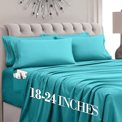 Image of Mocassi Luxury 4-Piece Sheet Set, Ultra Soft 1800 Premium Hotel Quality Microfiber Sheet Set, Fits Mattresses Up to 18 to 24 Inches Extra Deep Pocket - Breathable and Secure Fit, Twin, Teal