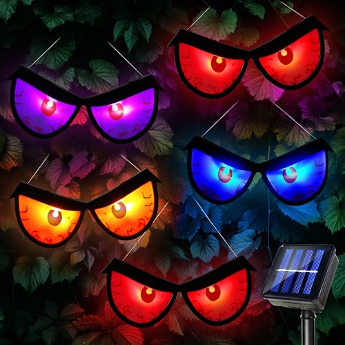 Solar Halloween Spooky Eyes Lights for Bushes, 5 Pairs Flashing