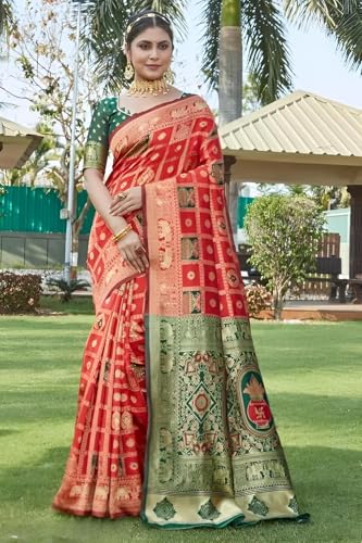 Image of Yashika Women's Banarasi Kanjivaram Silk Woven Saree | Animal Printed Patola Silk Saree for Women