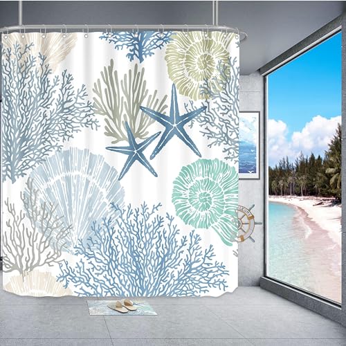 Tritard Extra Long Nautical Coastal Shower Curtain Starfish Seashell Coral Beach Themed Bath Curtain Waterproof Fabric Ocean Shower Curtains for Bathroom with 12 Hooks, 72x84, Blue by Tritard - Image 3
