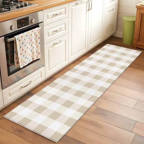 Tapete Runner Beige Cuadros 2x6 Antideslizante Lavable miniatura 2