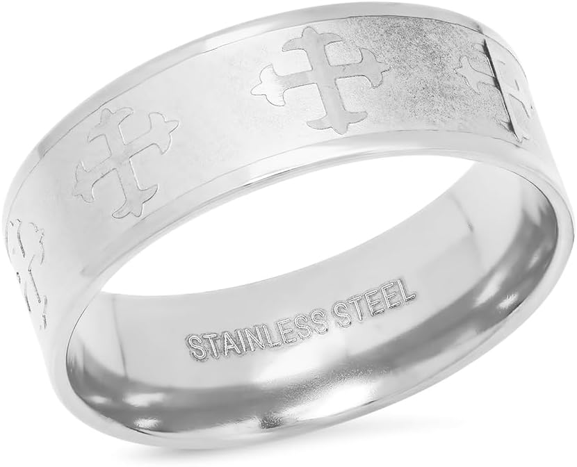 Diamond2Deal Stainless Steel White-Tone Cross Religious Band Ring (9-12)