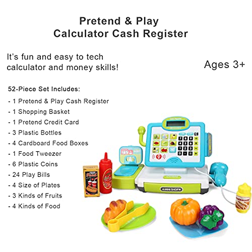 Image of FS Pretend Play Cash Register Toys with Scanner, Calculator, Large Drawer, Microphone, Play Food, Supermarket Cashier Register Toy, Pre-School Gift for Kids, Toddlers, Boys & Girls, Ages 3 4 5 6 7 8