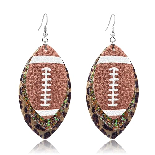 Colorful Layered Football Dangle Earrings for Women Glitter Faux Leather Football Sports Lover Teardrop Earrings