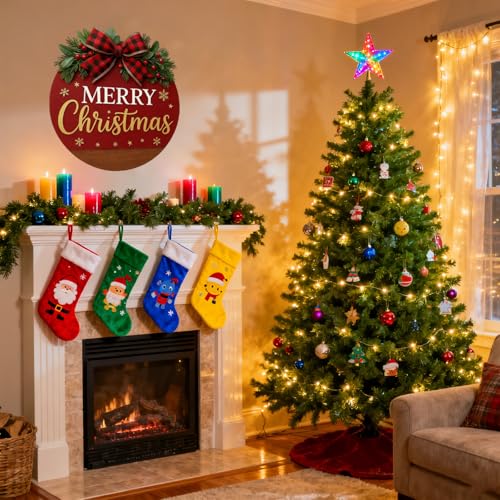 Image of Merry Christmas Wreaths for Front Door - Welcome Door Hanger Sign with Bow, Greenery & Red Berries, for Holiday Rustic Farmhouse Outdoor Wall Windows Decor (Merry Christmas Wreaths)