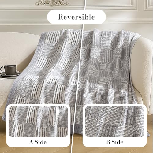 Amélie Home Checkered Knit Throw Blanket for Couch, Chenille Texture Decorative Soft Blanket for Sofa & Chair, 50"x60", Grey & White