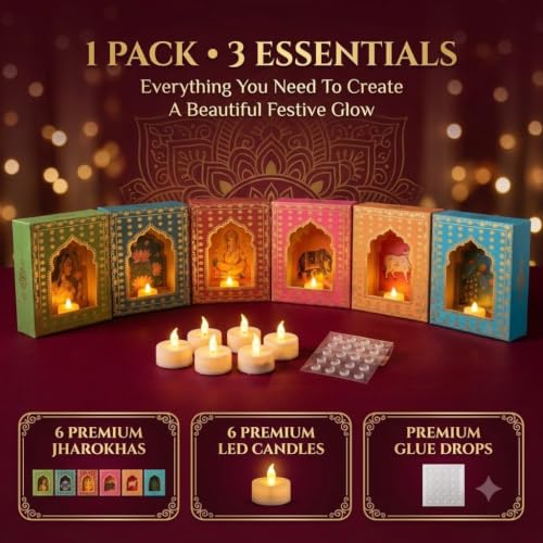 Image of JH Gallery Multicolour Paper Jharokha Diya Set with LED Candles, DIY Wall Decor for Diwali, Ganpati, Navratri, Pooja Room, Mandir & Festival Decoration (Pack of 6)