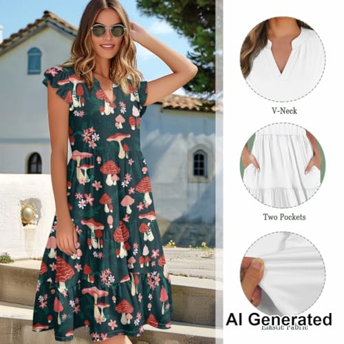 Image of Women's Casual Ruffle Sleeve Dress V Neck Pullover Dress Flowy A-Line Pleated Lightweight Dress with Pockets