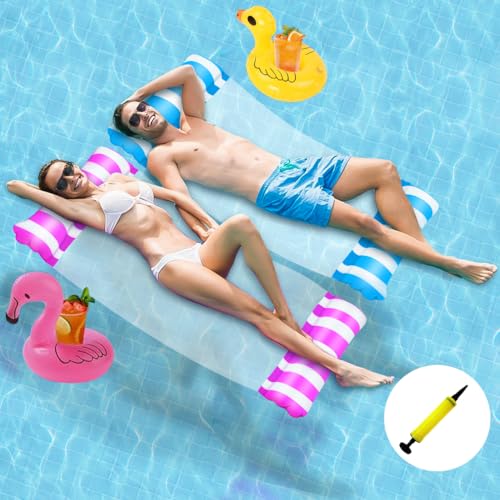 2 Stück Wasserhängematte mit 2 Aufblasbares Getränkehalter und 1 Luftpumpe,4 in 1 Luftmatratze Netz Pool Hängematte Erwachsene Schwimmsessel Luftmatratzen Wasserliege Spielzeug für Meer See Pool