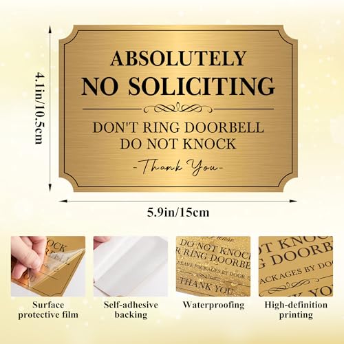 Image of No Soliciting Sign for Front Door,Self-Adhesive Elegant Brushed Gold Do Not Knock or Ring Doorbell No Soliciting Sticker for Home, No Solicitors Sign for Doorbell, House Door, Office 5.9 inchx 3.9 inch