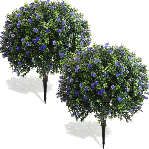 Yunlly Set of 2 Artificial Boxwood Topiary Ball Tree 27 Inch Outdoor Boxwood Balls with Flower Faux Bush, UV Resistance Fake Shrub Plant with Spike for Garden Porch Patio Decor(Purple,27x18inch)