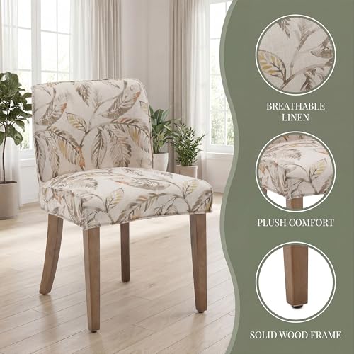 Image of Upholstered Parsons Chair Set of 2, Linen Fabric Floral Patterned Dining Chairs with Walnut Wood Leg Cushioned Back Modern Rustic Side Chairs for Living Room /Kitchen /Dining /Restaurant