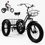 HTDRE Dreirad für Erwachsene mit Breiten Reifen und Einkaufskorb – 20-Zoll-Dreirad, 7 Gänge, Rahmen aus Kohlenstoffstahl für den täglichen Gebrauch und den Transport von Einkäufen