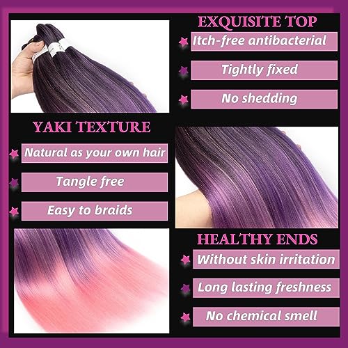 Braiding Hair Pre Stretched Synthetic Hair For Braiding Kanekalon Knotless Prestretched Braiding Hair 24Inch Synthetic Colored Hair Extensions For Braiding（1B/Purple/Pink#） #TOP2