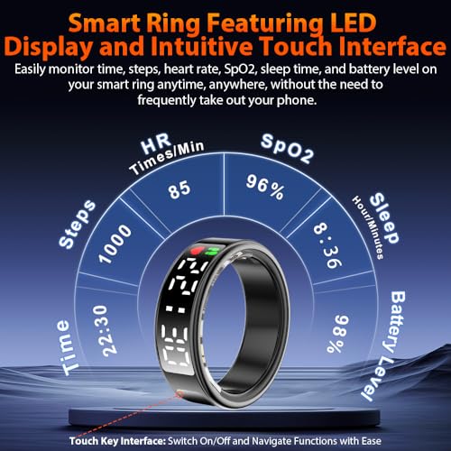 Smart Ring Health Tracker with LED Display Screen, IP68 Waterproof Fitness Tracker, Bluetooth Connection Health Ring Compatible with iOS/Android, Activity Tracker/Heart Rate/Blood Oxygen/Sleep/Step
