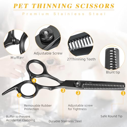 EVERESTA Hundefriseurschere mit abgerundeten Sicherheitsspitzen, schwere Titan-Haustierpflege-Schere, professionelle Dünnschere, gerade Schere mit Kamm für Hunde und Katzen (schwarz)