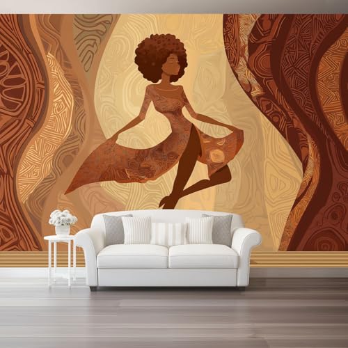 Poster Géant Trompe l'Oeil Papier Peint Panoramique Brun 350 x 256 cm - Femmes Africaines Style Ethnique et Danse Thème Floral 3D Fresque Murale Intissée Chaleureuse...
