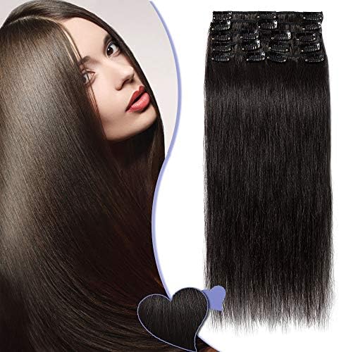 Clip in Hair Extension Human Hair 8 Pcs Full Head - 100% Real Remy Hair Straight Standard Weft (13"-80g, #2 Dark Brown)