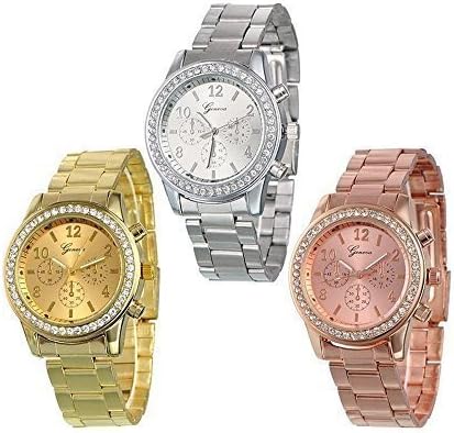 Faermi 3 Pack Geneva Silver Gold and Rose Gold Plated Ladies Boyfriends Watches