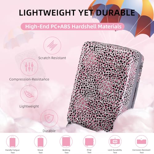 Image of LARVENDER Luggage Sets 6 Piece, Expandable Luggage Hardside PC+ABS Leopard Suitcase Sets with Spinner Wheels TSA Lock, Lightweight Rolling Suitcase for Men and Women, Leopard Pink