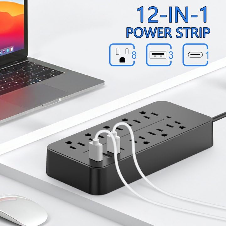 Extensión eléctrica Romatico Black-08 con protector de sobretensión, 12 tomas y 4 puertos USB, cable trenzado de 1.22 m con enchufe plano miniatura 2