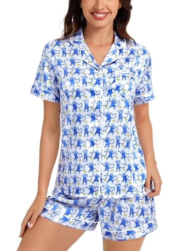 Image of SWOMOG Womens Silk Satin Pajamas Set Short Sleeve Sleepwear Button Down Top and Shorts Loungewear 2 Piece Pjs Set XS-3XL