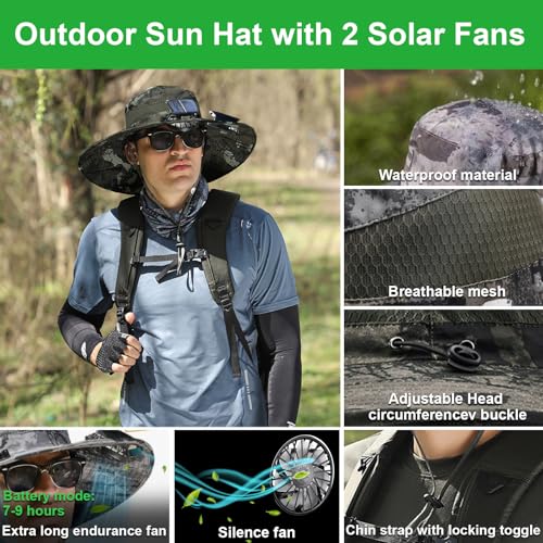 Image of Fishing Hats with Sunglasses, Wide Brim Sun Hat with 2 Solar Fan, USB & Solar Powered Fishing Hats, Solar Fan Hats UPF 50+