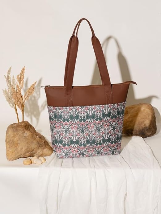 Women’s Printed Jute & Vegan Leather Tote Bag – Handcrafted Shoulder Handbag, Spacious Everyday Work Bag for Office, Travel & Daily Use