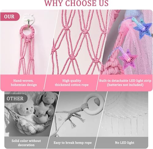 Lunriwis Kuscheltier Aufbewahrung Netz mit LED-Leuchten, Boho Makramee Spielzeug kinderzimmer deko, StofftieStofftier Aufbewahrungstasche Hängematte Aufbewahrung Kuscheltiere Rosa